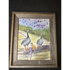 Original Framed Painting Signed DK 2019 Geese and Bird Rustic Farmhouse Art